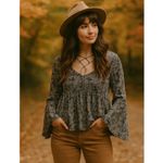 Anthropologie Akemi + Kin Cottagecore Babydoll Damask Paisley Blouse Medium Blue Boho Hippie Photo 3