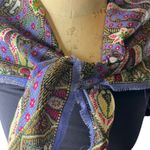 Oscar de la Renta Purple Wool Printed Sparkly Scarf fringe edges 30in Vintage Photo 9