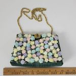 Andé Womens Clutch Bag Green Croc Embossed Pastel Floral Applique Gold Chain Photo 14