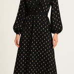 Little Mistress Black & Gold Metallic Midi Dress Size 6 | Long Sleeve Wrap Style Photo 0