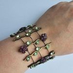 Vintage Wide Flower Vine Green & Purple Rhinestone brass tone metal bracelet Photo 0