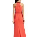 THEIA Coral Draped Halter Jeweled Neckline Lightweight Crepe Gown Ruched Size 12 Orange Photo 1