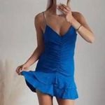 ZARA linen mini dress cobalt blue ruched open back cocktail vneck tiered ruffle Photo 13