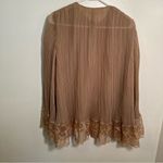 Long Sleeve Pleated Plisse Blouse Tan Brown Lace Hem Size L Photo 3