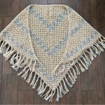 Handmade Crocheted Boho Tan/Blue Triangular Fringe Shawl-OSFA Photo 0