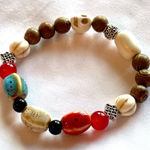 Skull Bracelet White Brown Red Blue Silver Boho Ceramic Wood Stretchy Multiple Photo 0