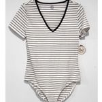 SO  Women's White Black Stripe Short Sleeve V-Neck T-Shirt Tee Bodysuit Size L Photo 3