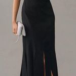 Anthropologie Dress SZ Large Midi Black Slit Halter Fringe Stretch Linen Cotton Photo 0