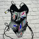 Rachel Roy  Women's Black Tropical V-Neck Side-Lace Tie One Piece Swimsuit M New Photo 3