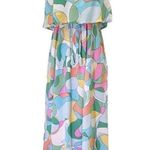 Japna  Strapless Flounce Top Summer Maxi Dress Retro Aqua & Pink Print Size Small Photo 5