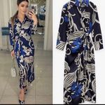 ZARA  Blue Abstract Satin Long Sleeve‎ Maxi Wrap Dress Size Small Photo 1