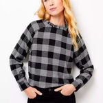 Loft  Plaid Pleated Ruffle Neck Blouse Black White Long Sleeve Size XL Photo 0