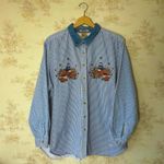 Vintage 90s blue striped denim fall pumpkin patch teddy bear button up shirt Size XXL Photo 1