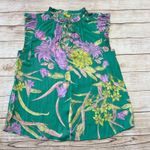 Green Floral Ruffle Neck Tie Front Sleeveless Blouse Top Women's Photo 0
