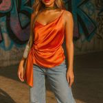 Cliché Draped Satin Slip Top Orange Coral Cowl Neck Cocktail Summer Large Photo 2