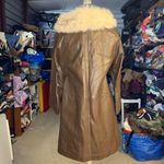 Vtg 80s Brown Leather Suede Long Coat Faux Fur Collar Tie Belt Sz Medium / Large Photo 1