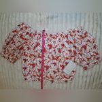 NWT Red and White Smocked Puff Sleeve Blouse with Tie Front Size M Photo 6