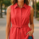 Chico's Womens Vest Size 1 Medium 8 Coral Belted Zip Front Collared Photo 0