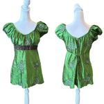 Y2K Crinkle Satin Blouse Babydoll Top Green Floral Lace Trim Womens Size XL Photo 1