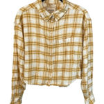 American Eagle  Plaid Shirt Crop‎ Top Button Down Long Sleeve Yellow Small Photo 0