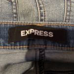 EXPRESS  Y2K Rhinestone Bedazzled Raw Hem Medium‎ Wash Denim Mini Skirt Sz 4 Photo 3