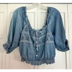 American Eagle  denim eyelet cropped Puff sleeve blouse small Photo 1