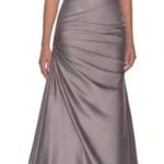 La Femme  Gray Satin Ruched Off the Shoulder Trumpet Gown Photo 0