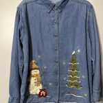 Snowman Jean Shirt Endless Design Women’s Medium Winter Tree Blue Button Down Photo 0