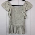 Japna  Smocked Ruffle Short Sleeve Sage Green Top V-neck Peplum Size M Photo 2