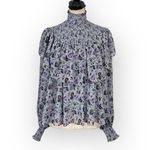 CINQ À SEPT Drew Georgette Top Women's XS Blue Lavender Black Floral Long Sleeve Photo 1