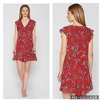 Joie  Almarie B Red Floral 100% Silk Mini Dress Medium Georgette Drop Waist Boho Photo 10