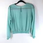 Socialite  Womens Top Sheer Long Sleeve Shirred Gathered Hem Crochet Aqua Blue M Photo 1