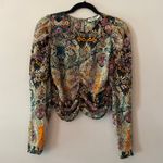 Maria Cher. Blue Purple Floral Abstract Blouse Rouched Cropped Silk size Large Photo 1