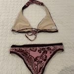 Women small Reversible bikini halter top & bottom set brown pink print flower Photo 5