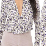 Free People  Cutout Floral Caya Print Bodysuit Purple Lavender White NEW Size S Photo 0