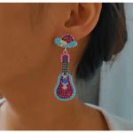 Guitar Earrings Beaded Rhinestone Dangle Drop Western Cowboy Hat New Pink Photo 1