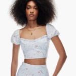 Wilfred ‎ Aritzia Linen Floral Puff Sleeve Crop Top Blue Pink XL Photo 0