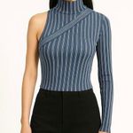ZARA Blue Striped One Shoulder Long Sleeve Mock Neck Crop Sweater Top Size M/L Photo 0