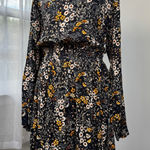 H&M Black, Yellow and Ivory Floral Print Smocked Waist Long Sleeve Midi Dress Photo 0
