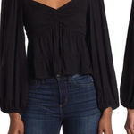 Revolve AFRM  Black Babydoll Top Long Sleeve Zip Up Zipper Sweetheart Neckline M Photo 0