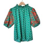 THML Verde S Mock Neck Embroidered floral Puff Sleeve Green blouse Photo 0