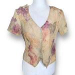 Vintage 90s Blazer Top Sheer Cream Cottage Dark Floral Short Sleeve Crinkle Pink Photo 0