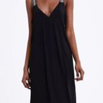 ZARA  Black Midi Dress Small Ribbed Knit Jersey Crochet Strap Vacation Photo 11