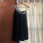 Scala Vintage ‎ Silk Black Mini Dress Beaded Gem One Shoulder Sleeveless Size 6 Photo 3