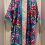 American Vintage VTG 70s 80s Heather Collection Hot Pink & Teal Blue Florl Kimono Robe Bathrobe Photo 3
