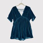 Free People  Dress Blue Ivy Mini Velvet V Neck Short Sleeve A Line Boho Small Photo 1
