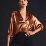 Anthropologie Gold Copper Metallic Shimmer Foil Blouse V-Neck Size Medium M Photo 2