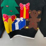 Vintage Christmas Sweater Teddy Bear Quirky Ugly Fun Tree FLAWS Women Medium‎ Black Photo 5