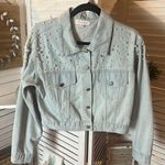 Sweet Generis Light Blue Cropped Denim Jacket With Pearl Accents Photo 0