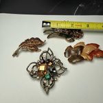 Autumn Leaves Fall Brooch Pins Lot Of 4 Gold Tone Some Enamel Some Rhinestone Photo 3